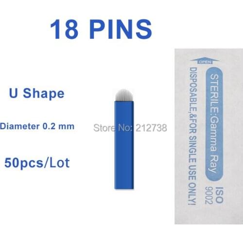 50 PCS U Shape 18 Pins Tattoo Needles Blue Blades Permanent Makeup Eyebrow Microblading Manual Tattoo Supplies Free Shipping