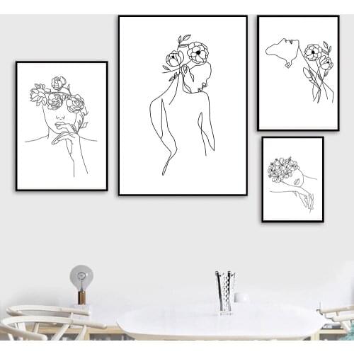 Abstract Figures Poster Flower Woman Body Prints Line Drawing Canvas Painting Minimalist Wall Art Pictures For Living Room Decor