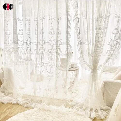 White Floral Ruffled Sheer Curtains for Bedroom Girl Princess Shabby Chic Waterfall Cascade Sliding Door Window Drapes Panel