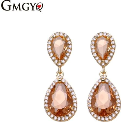 GMGYQ Double Water Drop Zircon Earrings Sparkling Zirconia Wit Goud Kleur Lange Dangle Oorbellen Voor Vrouwen
