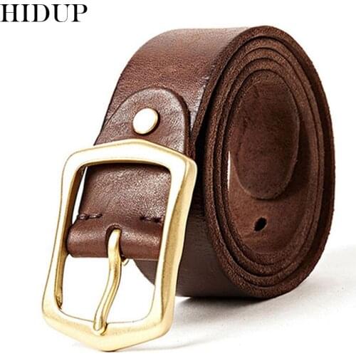 HIDUP Mens Design Quality Genuine Leather Belt Solid Brass Needle Buckle Metal Cowskin Belts Jean Accessories for Men NWJ324