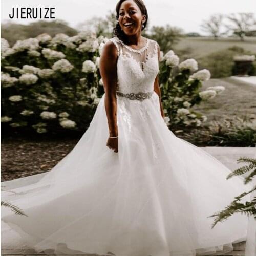 JIERUIZE Modest African White Wedding Dresses O-Neck Button Back Appliques A Line Wedding Gowns Crystal Sash vestidos de novia