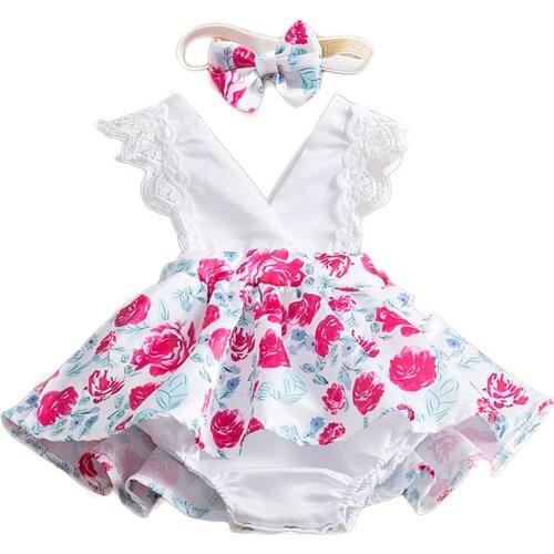 Baby Girls Romper Outfit V-Neck Backless Floral Print Bodysuit+Headband 1 2 Year Newborn Infant Summer Jumpsuit Lace Clothes Set