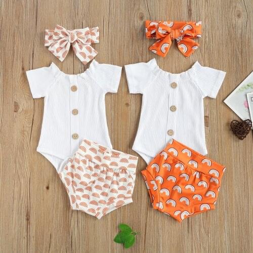 Infants Baby Girl Three Piece Summer Set,Newborns Ruffled Neck Romper Printed Shorts Hair Band for Toddlers