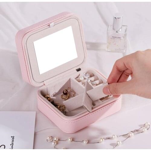 Mini mirror zipper jewelry box PU leather travel earrings ring storage box necklace chain bracelet coffin girl gift
