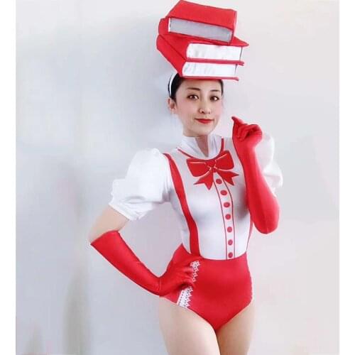 Fashion Red White Teacher Costume Bodysuit Gloves Outfit Female Dancer Leotard Suit Nightclub Party Bar Stage Show Clothes DT544