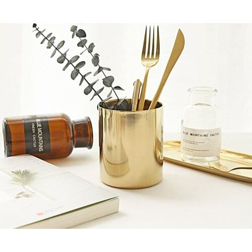 Nordic Round Pen Holders Office Golden Metal Storage Jar Ins Pen Container Case Tube Desktop Stationery Organizer Box