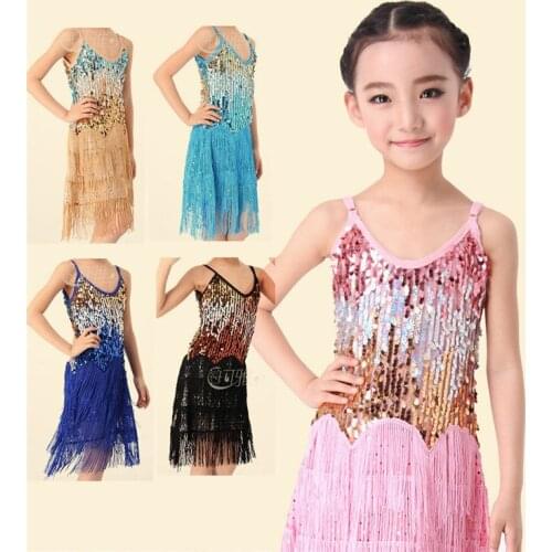 New 2015 Children Kids Sequin Fringe Stage Performance Competition Ballroom Dance Costume Latin Dance Dress For Girls