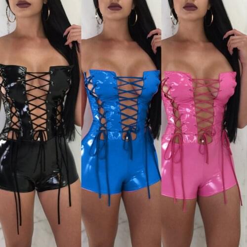 2021 New Women Sexy Slim Bra Strap One Piece Pu Leather Romper Bodycon Jumpsuit Bandage Slash Neck Hollow Out Party Clubwear