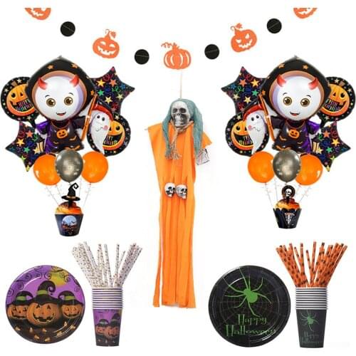 Halloween Hanging Ghost Balloon Pull Flag Tableware Paper Plates Cups Straws Halloween Party Decoration