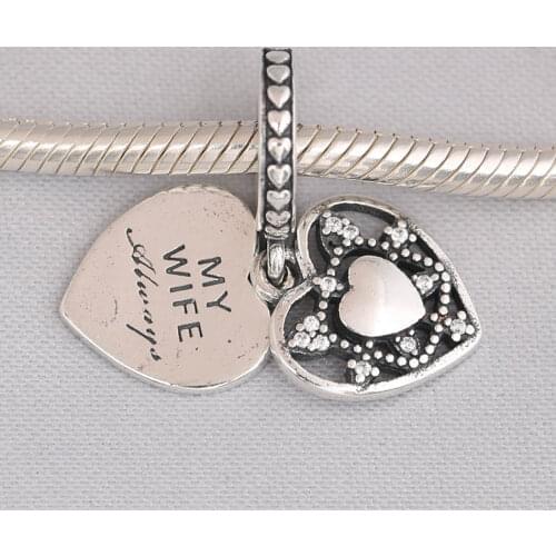 S925 Bead Charm Love Heart My Wife Always Pave Crystal Pendant Beads for Women Bracelet & Bangle DIY Jewelry