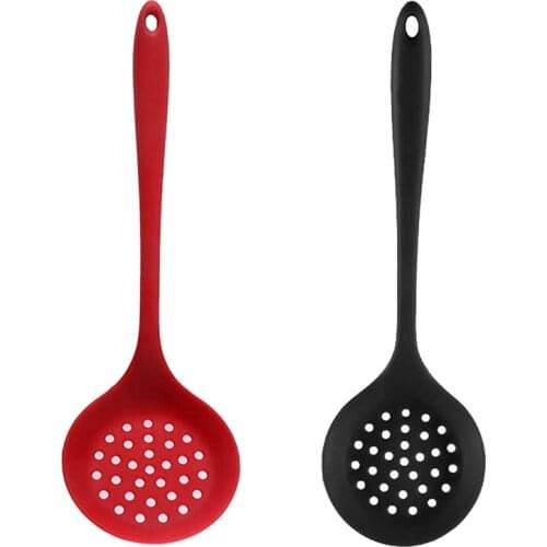 Silicone Skimmer Spoon Set of 2, Non-Stick Colander Spoon Strainer,Kitchen Ladle Filter Spoon with Long Handle,Red&Black