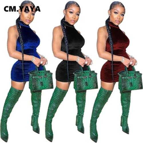 CM.YAYA Sexy Velvet Bodycon Women Midi Dress Halter Neck Open Back Sleeveless Club Party Street Bandage Pencil Mini Midi Dresses