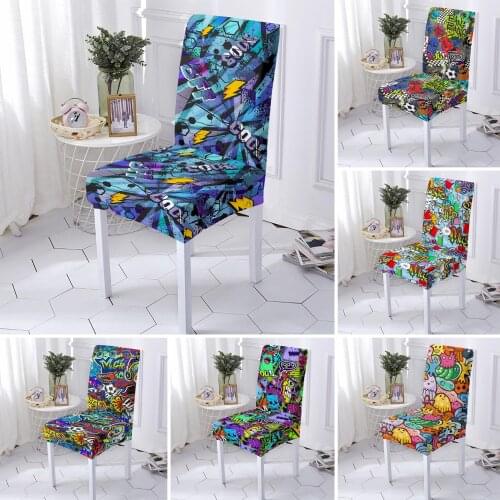 Spandex Elastic Chair Cover Graffiti Style Stretch Chair Slipcover Dining Room Universal Size Chair Cover for Banquet 1/2/4/6pcs