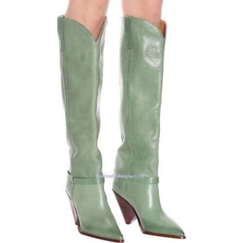 Strange High Heeled Pointed Toe Fashion Light Green Leather Woman Knee High Boots Designer Spike Heeled Long Rain Botas