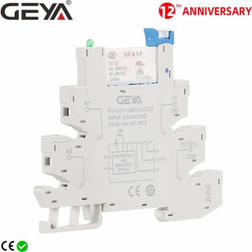 GEYA Slim Relay PLC Interface Hongfa Relay Screw Socket 6A Relay 24VDC/AC Relay Socket 6.2mm thickness