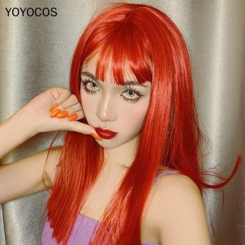 YOYOCOS Red Long Straight Hair Wine Orange Daily Wig 70CM Cosplay Party Festival Wig Blunt Bang Heat Resistant Sythentic Hair