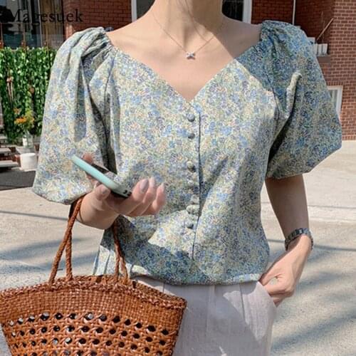 Korean Vintage Print Puff Short Sleeve Shirts Women Summer Tops V-neck Elegant Floral Blouses Women Clothing Button Shirts 14447