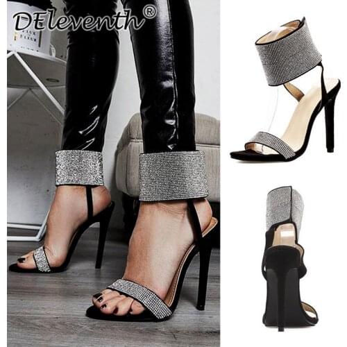 Women Sandals Summer Brand Party Shoes Round Toe Sequined Cloth 11.5CM Thin High heels Rhinestones Bling women shoes size 35-40