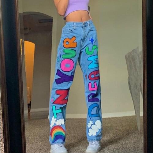 SEASONS Graphics Letter Printed Baggy Women Jeans Pants High Waist Wide Leg Punk Cute Demin Fashion Streetwear Girls ASPA83671