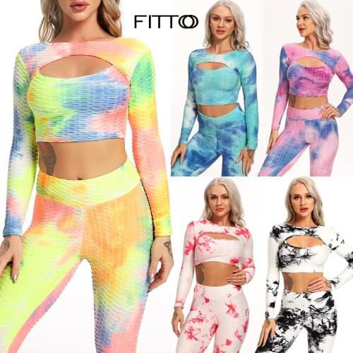 Women 2pcs Honeycomb Yoga Set Sport Suit Workout Clothes Long Sleeve Gym Crop Top High Waist Tie Dye Leggings Fitness Sportswear