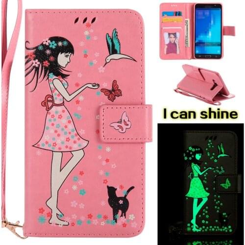 Case For Samsung Galaxy J3 J5 J7 2015 2016 Cover Night Golw PU leather Flip Card Slot soft phone case funda J300 J310 J500 J510