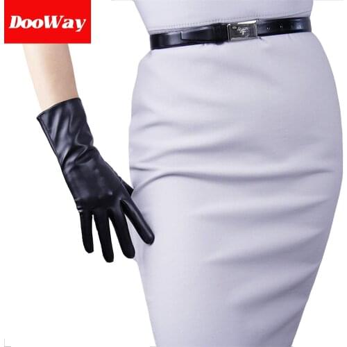 DooWay Black Warm Long Gloves Faux Leather 28cm 11-inch Evening Party Prom Women Fashion Touchscreen