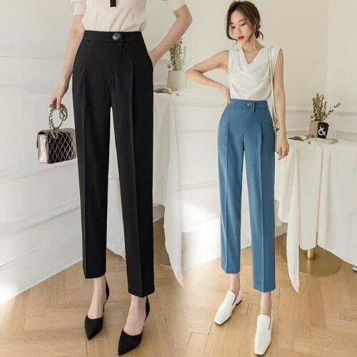 Hugwiser High Waist Suit Pant Women Office Lady Solid Ankle-Length Trousers Korean Style 2021 New Work Straight Leg Pants Female