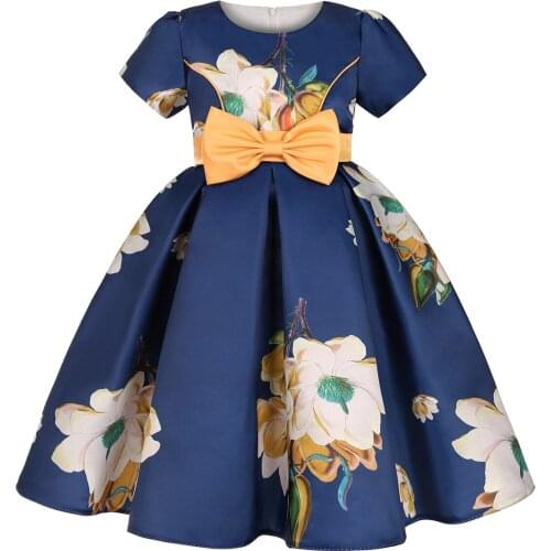 Childrens retro print bow puffy childrens dress for Girls Christmas lace dress Christmas New Year 2021 new childrens wear