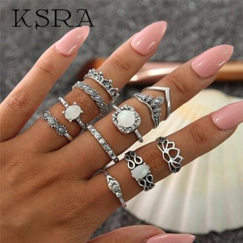KSRA 2020 New Arrival Bohemia Fashion Classical Hollow 11pcs Rings Sets Women Paty Jewelry White Gem Variety of Rings Hot Sale