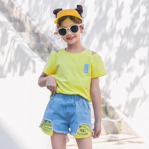 Fashion Girls 2PCS Set Summer Children Clothes Girls Shoulder-off T-shirt and Patchwork Short Jeans Suit 6-8-10 Toddler Girl Set