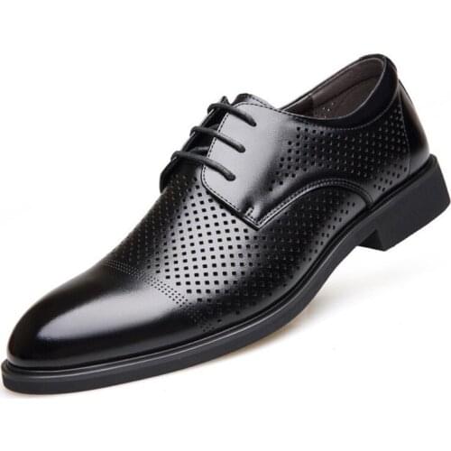Lace-up Summer Cow Split Hollow Breathable Height Increasing Mens Formal Dress Elevator Shoes Get Taller 5 CM For Wedding Party