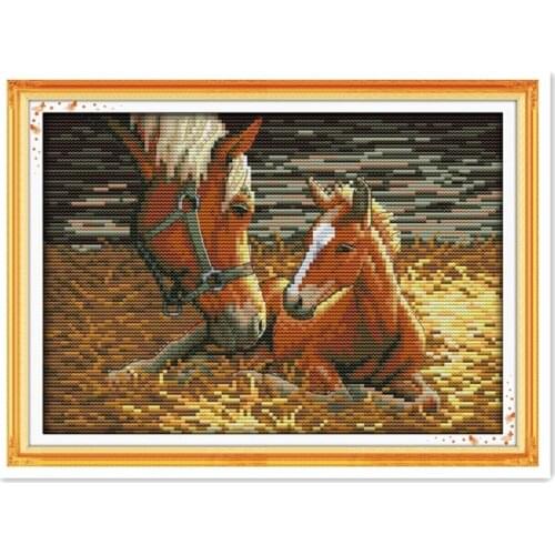 Horse animal pattern cross stitch kit, mother and son love deep furniture fabric 11CT 14CT calico handmade diy embroidery