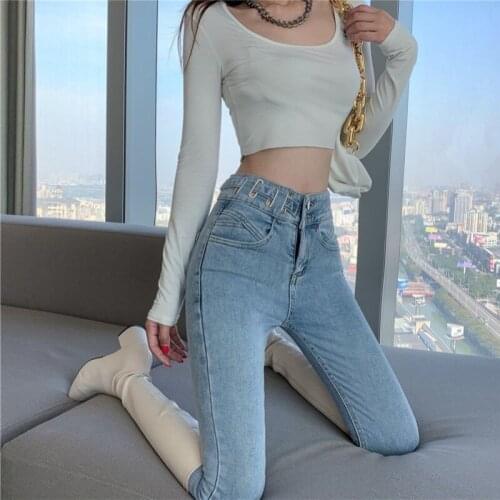 2021 new spring and autumn Plush design womens high waist Slim Skinny small foot pencil jeans