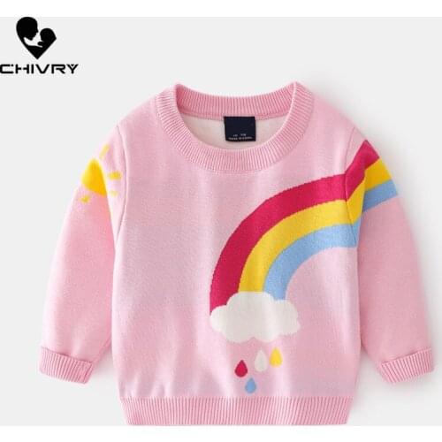 New 2021 Baby Girls Pullover Knitted Sweater Autumn Winter Kids Girl Cartoon Rainbow Jacquard O-neck Jumper Sweaters Clothing