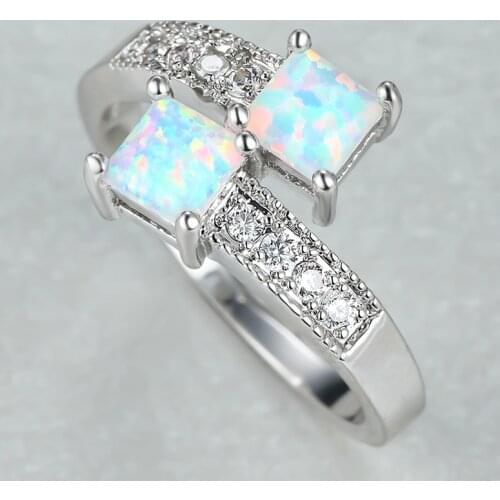 Simple Female White Opal Stone Ring Charm Silver Color Thin Engagement Ring Trendy Bridal Square Wedding Rings For Women