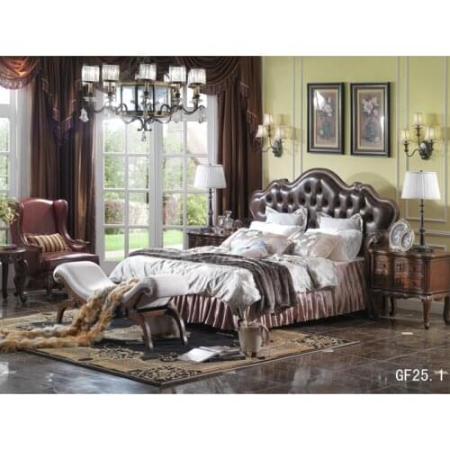 America style genuine leather and wood luxury кожаная и деревянная кровать king bed bedroom furniture GF25