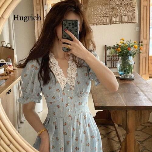 Vintage Floral Dress Women Elegant Lace Chiffon Korean Party Dress Puff Sleeve V Neck Dress Fall Dresses for Women 2021