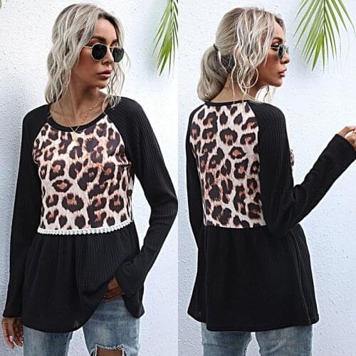 Woman Tshirts 2021 Autumn Top Stitching Long-sleeved Leopard O-Neck Black Slim T-shirt Women Sexy Tops Graphic Tees Fashion Tees