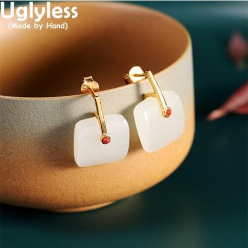 Uglyless Square Jade Earrings for Women Simple Geometric Square Jewelry Hotan Jade 925 Silver Brincos MINI Agate Fashion Studs