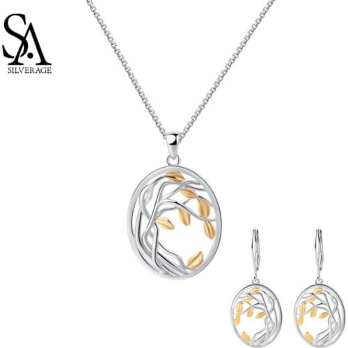 SA SILVERAGE Silver Pendant Necklaces Drop Earrings Sets 925 Sterling Silver Yellow Gold Color Jewelry Sets for Woman Life Tree