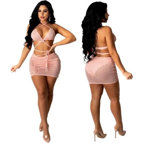 Summer Women Sexy Two Piece Set Bling Rhinestones Sheer Mesh Ruched Mini Skirts Club Outfits Female Fashion Clothing 2021