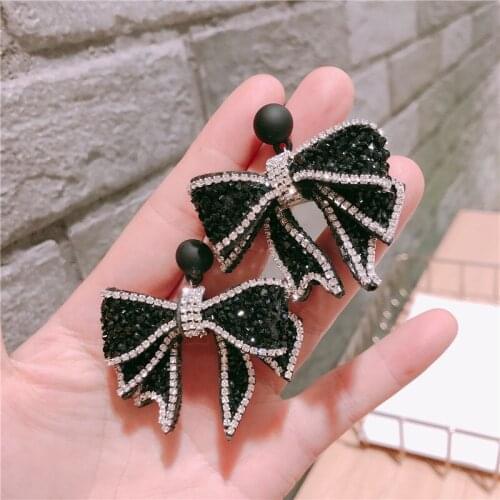 2021 New Shiny Black Exaggerated Double Bow Design Winter Party Earrings