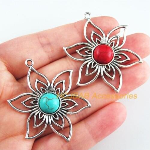 4Pcs Retro Tibetan Silver Tone Sun Flower Blue&Red Stone Charms Pendants 37.5x47mm