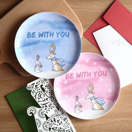 8 inch ceramic plate Christmas deer printed on glazed bone china cartoon creative round desserts round plates blue pink cutlery