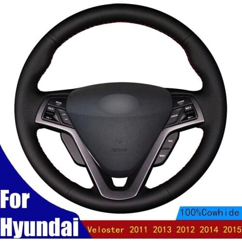 Car Steering Wheel Covers Hand-stitched Black Genuine Leather For Hyundai Veloster 2011 2013 2012 2014 2015 Accessories