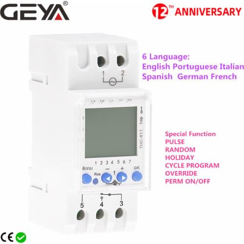GEYA THC-811 Din Rail 24Hours Digital Timer Switch with Lithium Battery 6 Language Weekly Timers Holiday Setting 16A 220V