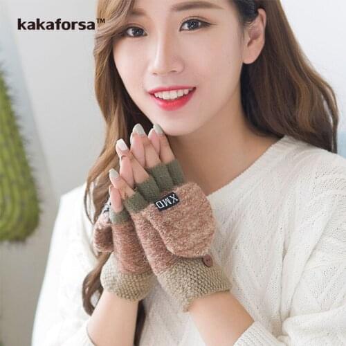 Kakaforsa New Women Clamshell Fingerless Gloves Multifunctional Cute Warm Patchwork Mittens for Students Winter gants femme