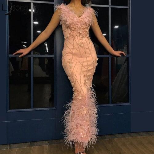 Kardashian Feathers Beaded Evening Dresses Long Elegant Party Night Dress vestidos de fiesta Arabic Dubai Women Formal Gowns