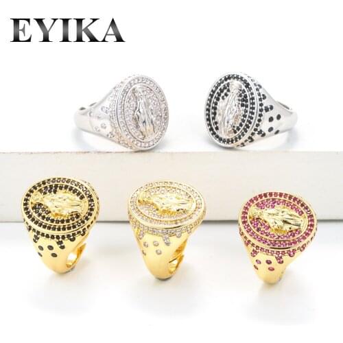 EYIKA Christ Our Lady of Guadalupe Virgin Mary Ring For Women Men Red Black White Zircon Resizable Big Rings Religious Jewelry